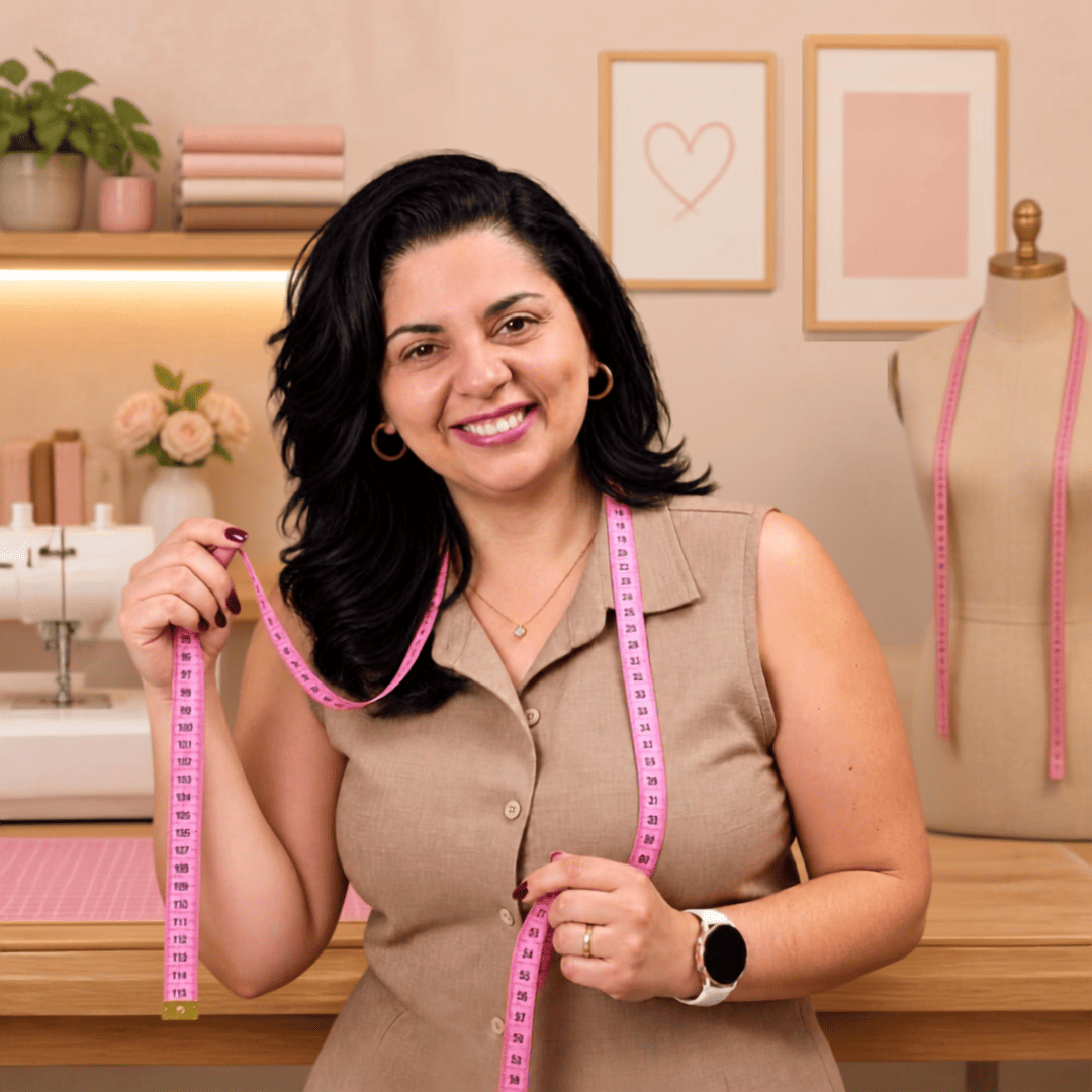 Instrutora do curso sorrindo, com fita métrica no ateliê de costura