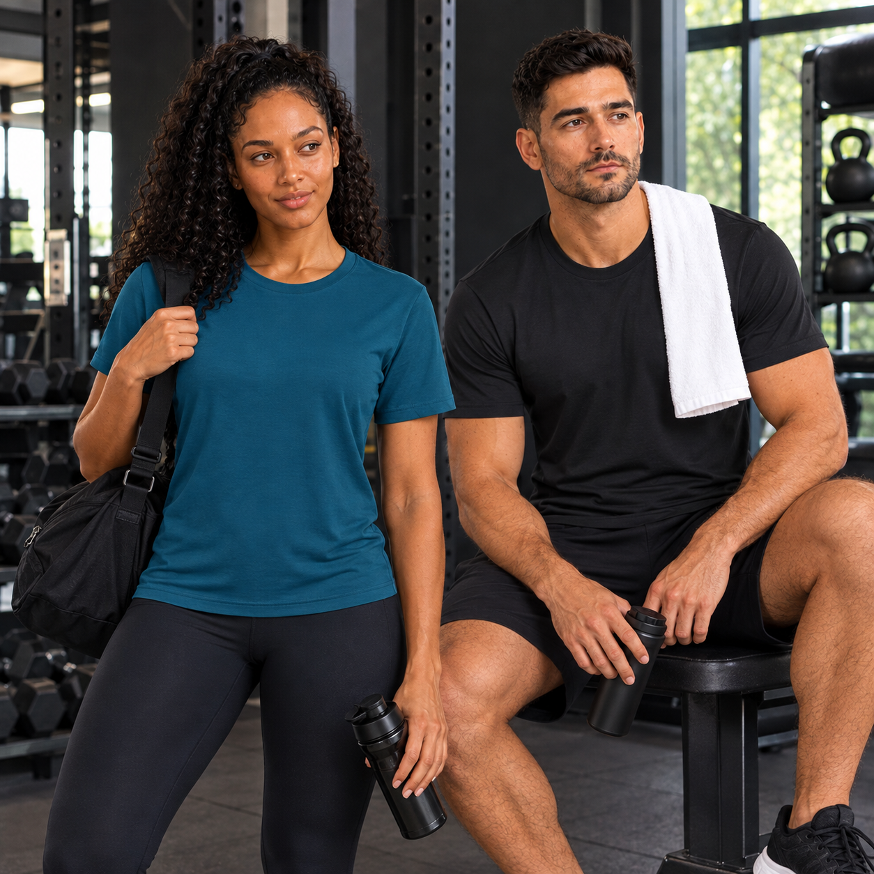 Casal na academia com camisetas fitness: mulher de azul petróleo e homem de preta