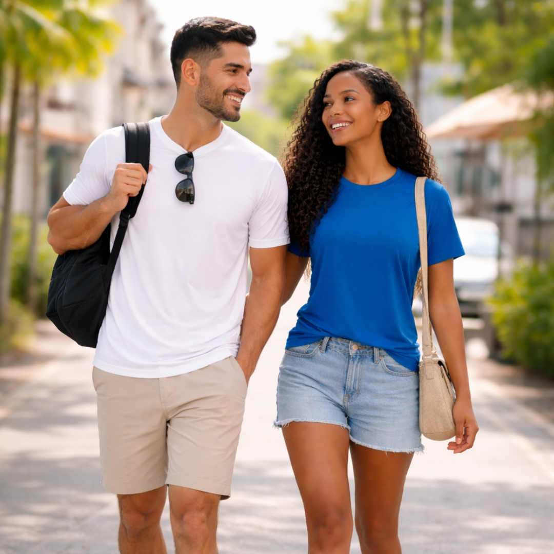 Casal em camisetas básicas: mulher de camiseta azul royal e homem de camiseta branca