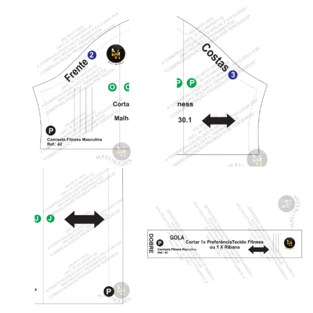 Moldes em PDF da gola e das partes da camiseta fitness, com marcações de corte e medida