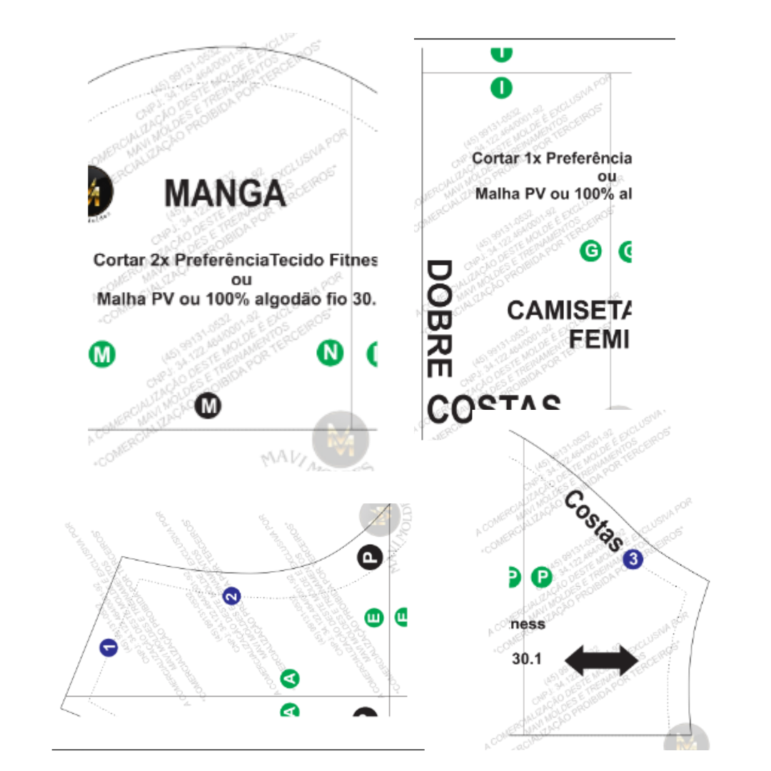 Moldes em PDF do combo: manga, costas e frente da camiseta, graduados com marcações de corte